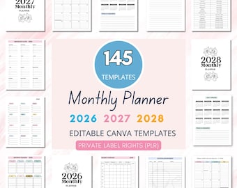 Planificador mensual digital de reventa PLR 2026-2027-2028: editable en Canva (descarga instantánea)