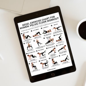 May include: A black tablet displays a Kegel exercise chart for women, with 16 simple exercises to strengthen the pelvic floor. The chart includes illustrations and instructions for each exercise, such as Kegel clench and glute bridge.