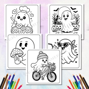 K&ouml;nnte beinhalten: Eine Sammlung von f&uuml;nf Halloween-Malvorlagen in Schwarzwei&szlig;. Jede Seite zeigt einen Cartoon-Geist in verschiedenen Szenarien, darunter Backen, Halten eines Pilzes, Tragen einer Sonnenbrille, Fahrradfahren und S&uuml;&szlig;es oder Saures.