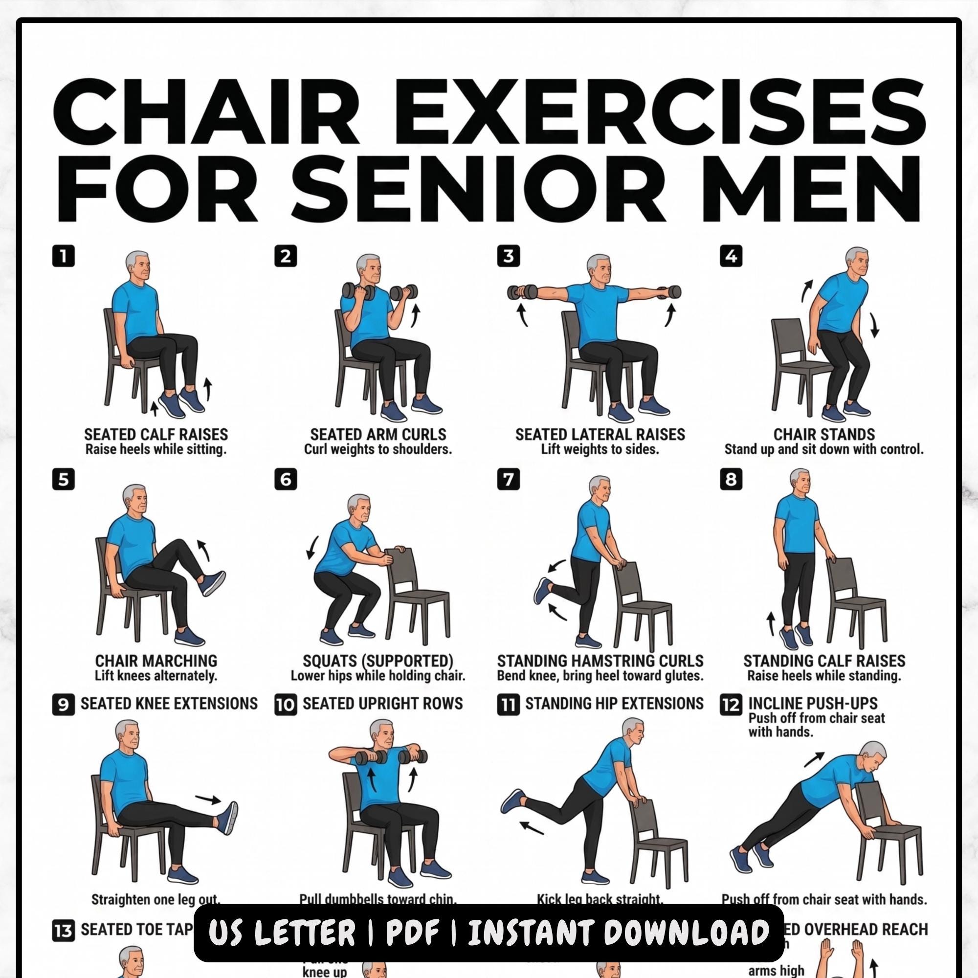 Senior Men Chair Exercises, Printable Workout Poster (digital