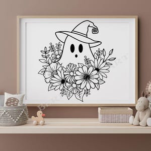 May include: Black and white line art illustration of a ghost wearing a witch hat and surrounded by flowers.