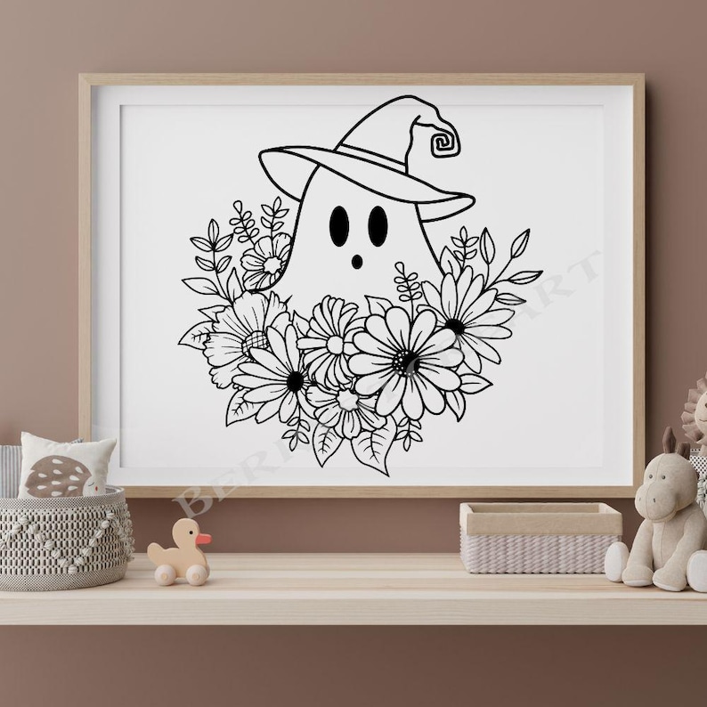 May include: Black and white line art illustration of a ghost wearing a witch hat and surrounded by flowers.