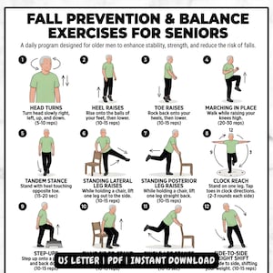 May include: A guide for fall prevention and balance exercises for seniors. The image displays 12 exercises with illustrations and instructions, including head turns, heel raises, toe raises, marching in place, and clock reach. The text includes "US LETTER | PDF | INSTANT DOWNLOAD."