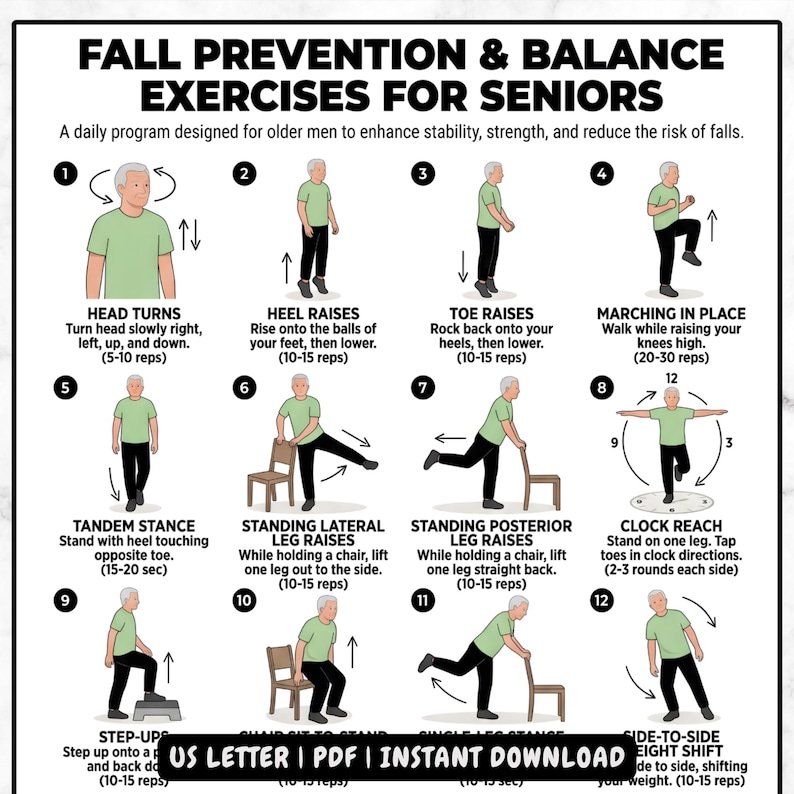 Fall Back Exercise Seniors Fall Prevention Balance Exercises, Daily Stability Routine (PDF ...