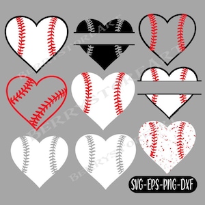 May include: Set of nine baseball-themed heart designs. The hearts are white with red stitching and some have a red splatter effect. The designs are perfect for crafting projects, such as t-shirts, mugs, and home decor.