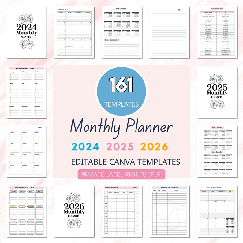 PLR Resell Digital Planner Template, Monthly Planner 2024-2025-2026, Canva Editable, Instant 