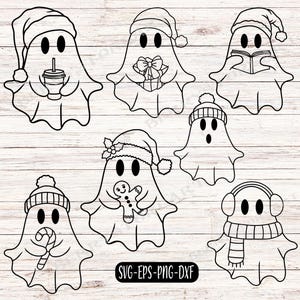Pode incluir: Conjunto de dez ilustrações em preto e branco de fantasmas de Natal usando acessórios de inverno como chapéus, cachecóis e protetores de orelha. Os fantasmas estão segurando itens como bengalas de doces, biscoitos de gengibre e livros.