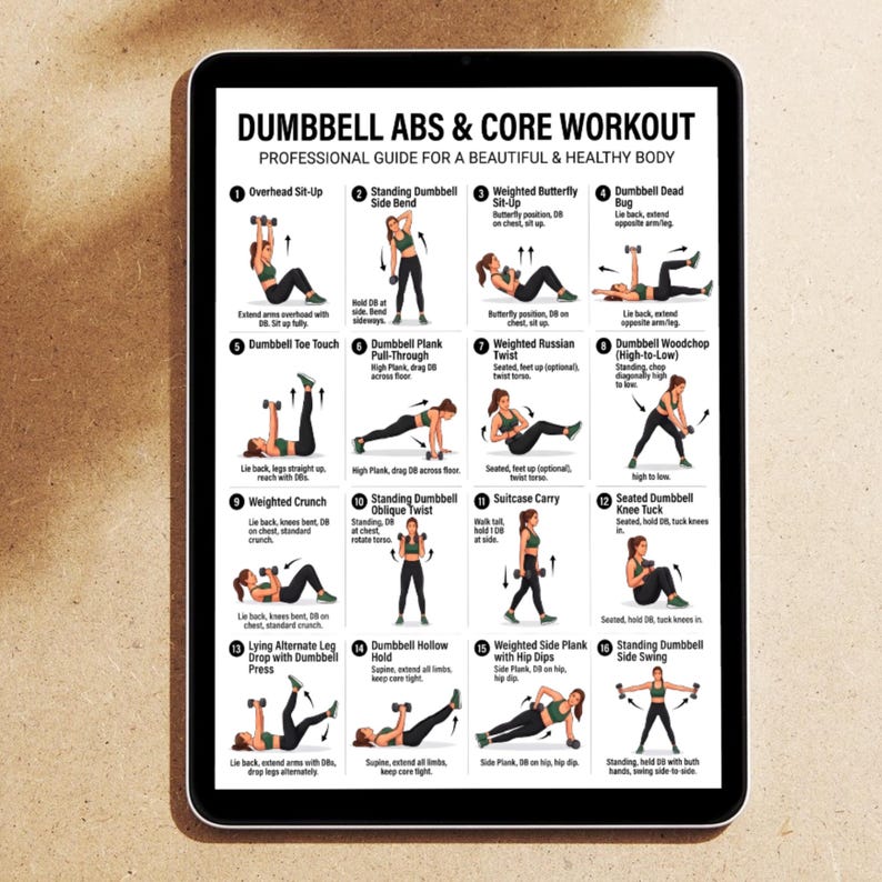 May include: A digital tablet shows a workout guide titled "DUMBBELL ABS & CORE WORKOUT." The guide features illustrated exercises, including Overhead Sit-Up, Dumbbell Plank Pull-Through, and Weighted Side Plank with Hip Dips. The guide is designed for a beautiful and healthy body.