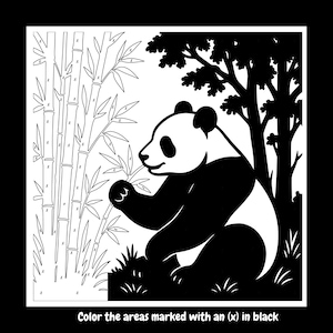 May include: Black and white panda bear illustration eating bamboo. The panda is sitting in front of a bamboo forest and a tree. The text at the bottom says, "Color the areas marked with an (x) in black."
