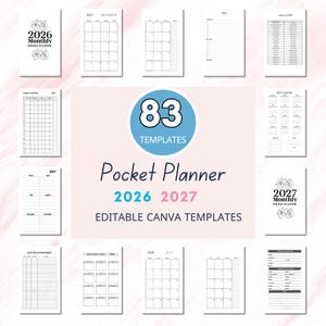 Op de afbeelding: Een verzameling afdrukbare pocket planner sjablonen voor 2026 en 2027. De sjablonen bevatten maandkalenders, budgetoverzichten en afspraken trackers. Het ontwerp heeft een lichtroze achtergrond met de tekst "Pocket Planner" en "83 Templates".