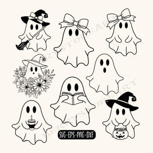 May include: A set of ten black and white line drawings of ghosts in various poses. The ghosts are wearing hats, holding books, and carrying pumpkins. The drawings are perfect for Halloween crafts and decorations.