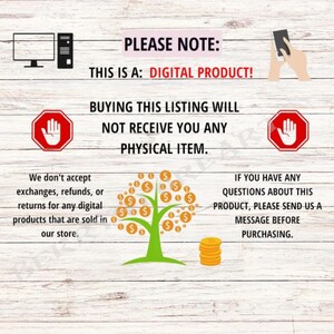 Op de afbeelding: Afbeelding met tekst die zegt: "LET OP: DIT IS EEN: DIGITAAL PRODUCT! HET KOPEN VAN DEZE AANBIEDING ZAL U GEEN FYSIEK ARTIKEL ONTVANGEN." Bevat ook een boom met dolltekens en een stapel munten.