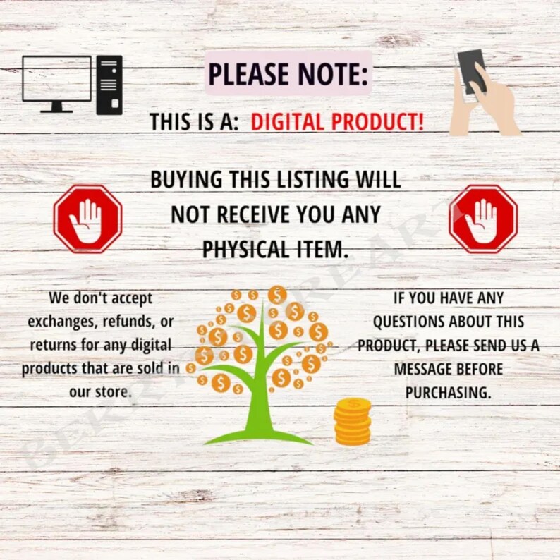 Op de afbeelding: Afbeelding met tekst die zegt: "LET OP: DIT IS EEN: DIGITAAL PRODUCT! HET KOPEN VAN DEZE AANBIEDING ZAL U GEEN FYSIEK ARTIKEL ONTVANGEN." Bevat ook een boom met dolltekens en een stapel munten.