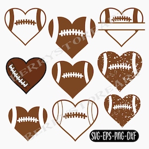 May include: Set of ten brown and white heart-shaped football designs. The designs include a solid brown heart, a solid white heart, a heart with a distressed brown texture, and a heart with a white outline.