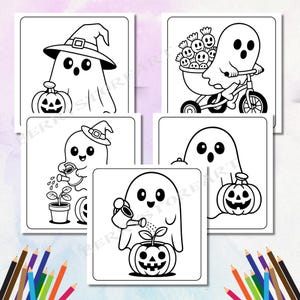 K&ouml;nnte beinhalten: Eine Sammlung von f&uuml;nf Halloween-Malvorlagen in Schwarzwei&szlig;. Jede Seite zeigt einen Cartoon-Geist mit einem K&uuml;rbis, einem Hexenhut, einer Gie&szlig;kanne oder f&auml;hrt Dreirad. Buntstifte sind im Vordergrund.