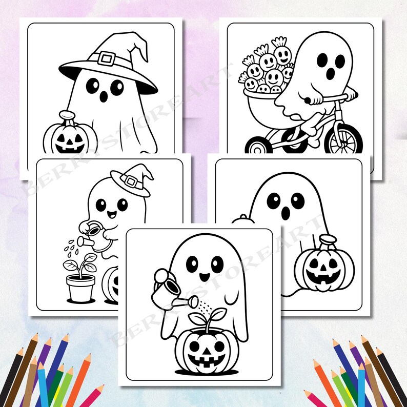 K&ouml;nnte beinhalten: Eine Sammlung von f&uuml;nf Halloween-Malvorlagen in Schwarzwei&szlig;. Jede Seite zeigt einen Cartoon-Geist mit einem K&uuml;rbis, einem Hexenhut, einer Gie&szlig;kanne oder f&auml;hrt Dreirad. Buntstifte sind im Vordergrund.