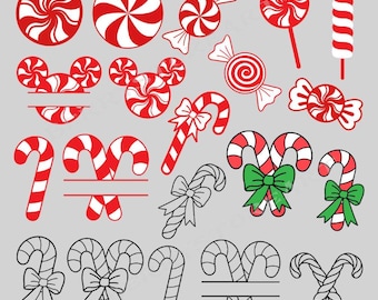 May include: A collection of red and white Christmas candy illustrations, including peppermint swirls, wrapped candies, lollipops, and candy canes. Some candy canes have green bows. The designs are on a gray background.
