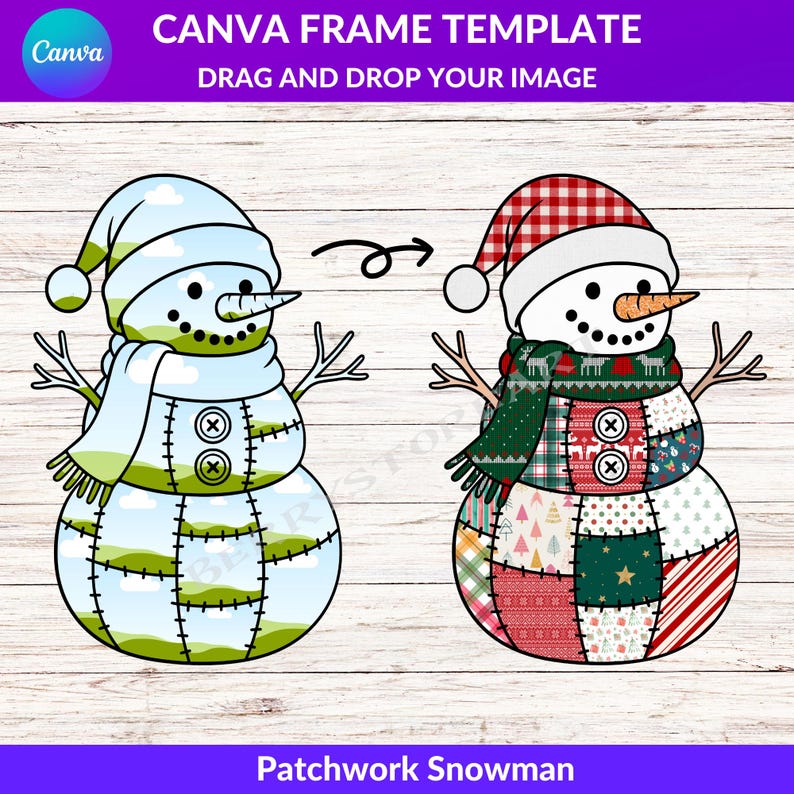Op de afbeelding: Digitale illustratie van een patchwork sneeuwpop met een wortelneus, takarmen en een hoed. De sneeuwpop wordt in twee versies getoond, een met een blauw-groen landschapsontwerp en de andere met een patchwork-ontwerp. De tekst bovenaan luidt "CANVA FRAME TEMPLATE".