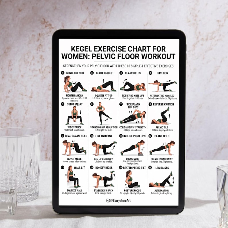 May include: A digital tablet displays a Kegel exercise chart for women. The chart features 16 exercises with illustrations and instructions to strengthen the pelvic floor. The text includes exercise names like "Kegel Clench" and "Glute Bridge".
