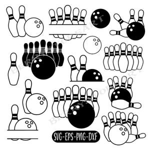 Op de afbeelding: Zwart-witte vectorillustraties van bowlingpinnen en -ballen. De illustraties zijn in verschillende configuraties, waaronder een set van tien pinnen, een enkele pin en een bal met een omgevallen pin. De illustraties zijn perfect voor gebruik in knutselprojecten, scrapbooking of digitaal ontwerp.