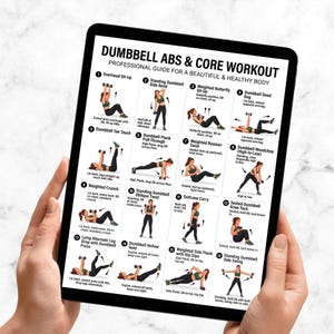 May include: A tablet shows a workout guide for dumbbell exercises, including abs and core workouts. The guide features illustrations of exercises such as sit-ups, side bends, and planks. The text reads "Professional Guide for a Beautiful & Healthy Body."