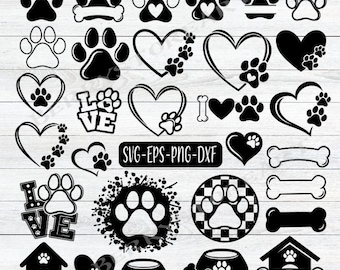 Pode incluir: Um conjunto de 25 arquivos de corte SVG de pegadas de patas de cachorro em preto e branco. Os designs incluem pegadas de patas, corações, ossos, casas para cães e tigelas para comida. Os textos "LOVE" e "I LOVE" também estão incluídos.