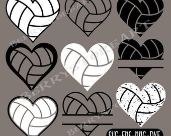 Peut inclure: Collection de neuf motifs de volley-ball en forme de cœur, en noir et blanc. Les motifs comprennent des cœurs pleins, des contours et des motifs de volley-ball. Le motif en bas à droite a une texture vieillie. Le texte en bas indique "SVG-EPS-PNG-DXF".