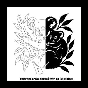 May include: Black and white koala bear coloring page. One side is a black silhouette of a koala and the other side is a line drawing of a koala. The text at the bottom says, "Color the areas marked with an (x) in black."