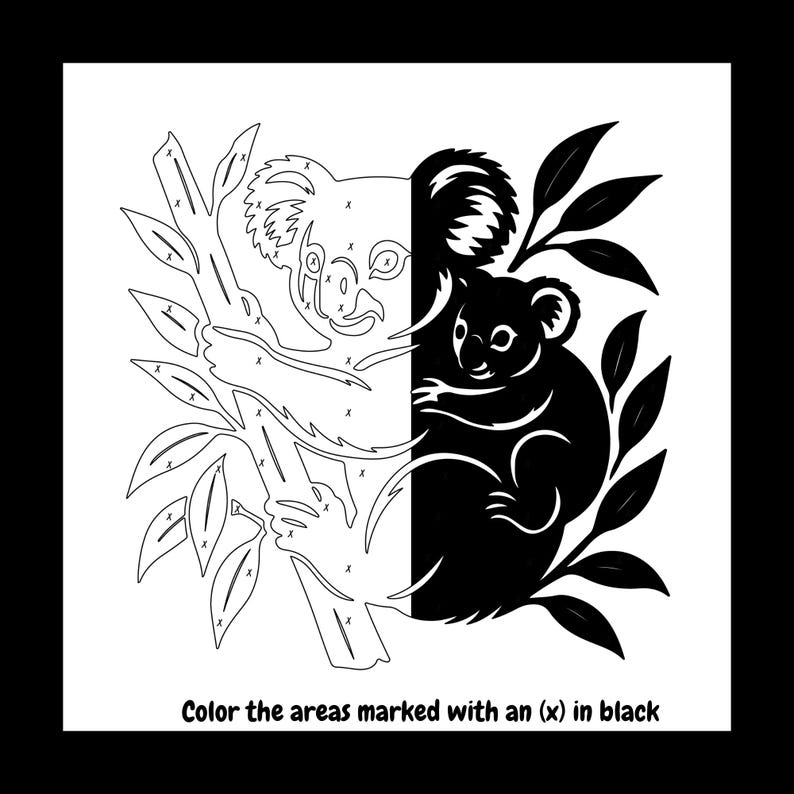 May include: Black and white koala bear coloring page. One side is a black silhouette of a koala and the other side is a line drawing of a koala. The text at the bottom says, "Color the areas marked with an (x) in black."