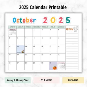 Calendario 2025 con días festivos para imprimir, calendario elegante horizontal, inicio en domingo, inicio en lunes, descarga de calendario, tamaño A4 y carta estadounidense