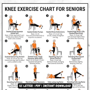 May include: A black and white chart titled "Knee Exercise Chart for Seniors" with illustrations of exercises. The chart includes instructions for seated and standing exercises, such as knee extensions, hamstring stretches, and calf raises. The text "US LETTER | PDF | INSTANT DOWNLOAD" is at the bottom.
