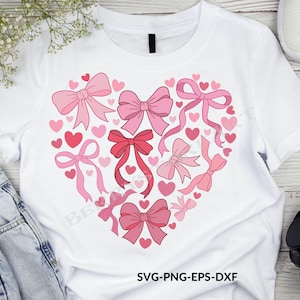 May include: A white t-shirt with a pink heart design made of bows and hearts. The design includes the text "SVG-PNG-EPS-DXF".