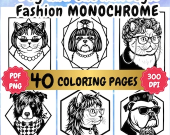 Monochrome Coloring Pages: One color Dog and Cat Hairstyle Fashion , Relaxation (PDF, PNG Download)