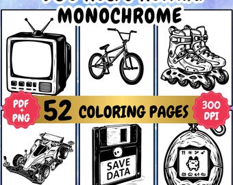 Monochrome Coloring Pages: One color 90's Retro Rewind, Relaxation (PDF, PNG Download)