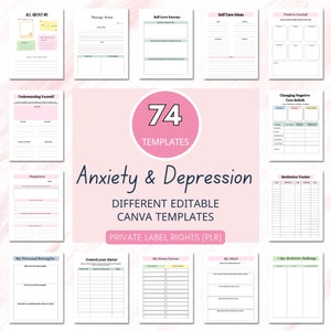 PLR Resell Anxiety bundle, therapy worksheets, anxiety journal, Editable Resell, Mental Health Journal, anxiety worksheets, Canva Editable