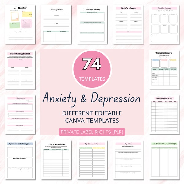 PLR Resell Anxiety bundle, therapy worksheets, anxiety journal, Editable Resell, Mental Health Journal, anxiety worksheets, Canva Editable