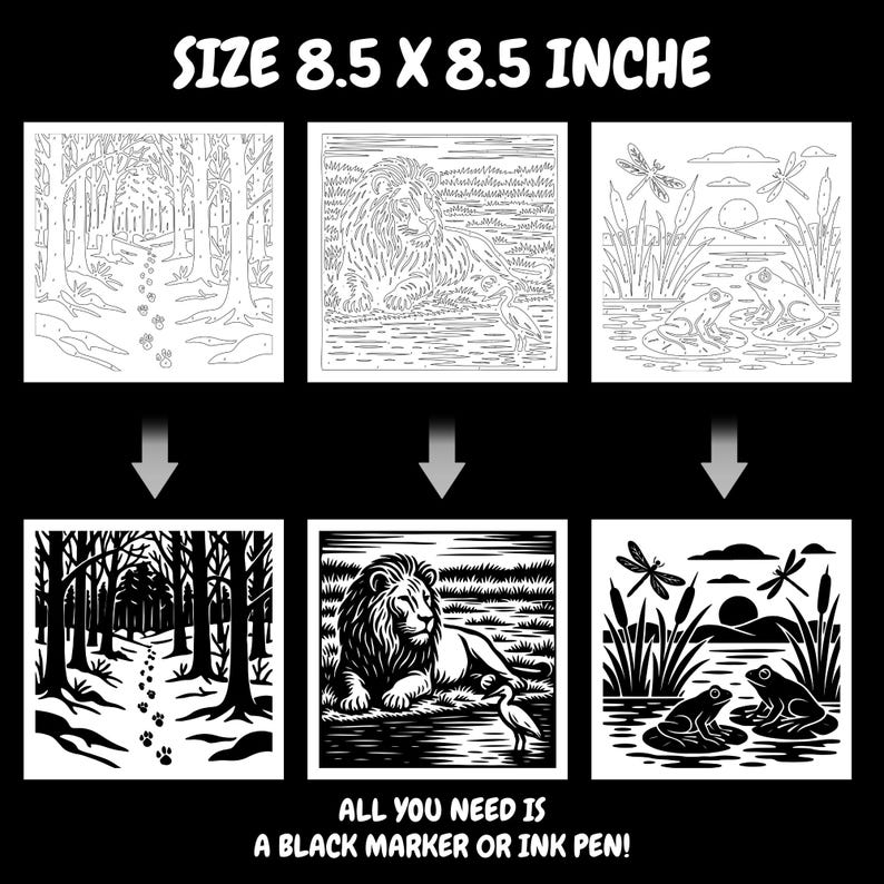 May include: Black and white line art illustrations of a forest path, a lion with a bird, and frogs in a pond. The text "SIZE 8.5 X 8.5 INCHE" and "ALL YOU NEED IS A BLACK MARKER OR INK PEN!" are also present.