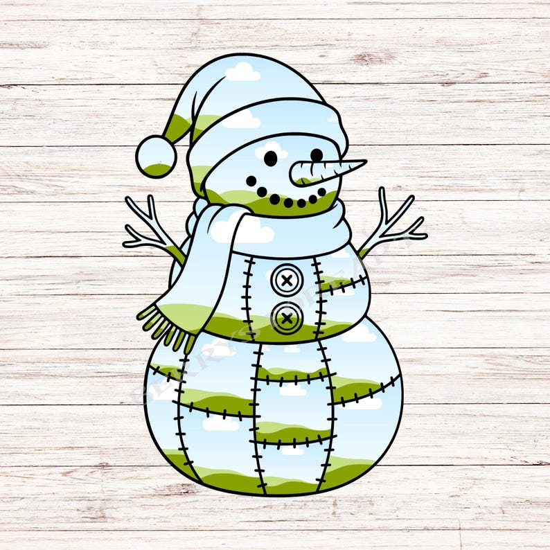 Op de afbeelding: Een grillige sneeuwmanillustratie met een blauwe hoed en sjaal, met een landschapsontwerp in zijn lichaam. De sneeuwman heeft een wortelneus, zwarte knoopogen en takarmen, perfect voor winterthema's.