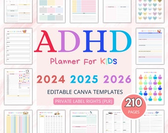 ADHD Planner for Kids: 2024-2026 Daily, Weekly, Monthly (PLR Canva Template)