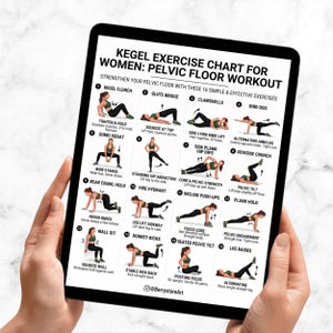 May include: A tablet displays a Kegel exercise chart for women, featuring 16 simple and effective exercises to strengthen the pelvic floor. The chart includes illustrations and instructions for each exercise, such as Kegel clench, glute bridge, and plank hold.