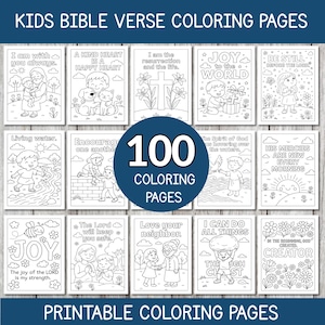 以下が含まれることがあります： 子供向けの聖書の詩が書かれた、100枚の印刷可能な塗り絵のコレクション。各ページには、ユニークなイラストと対応する詩が描かれています。ページは白黒で、塗り絵の準備ができており、「世界への喜び」や「隣人を愛する」などのフレーズが含まれています。