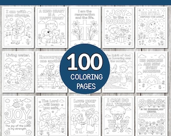 May include: A collection of 100 printable coloring pages featuring Bible verses for kids. Each page has a unique illustration and corresponding verse. The pages are black and white, ready for coloring, and include phrases like "Joy to the World" and "Love your neighbor."
