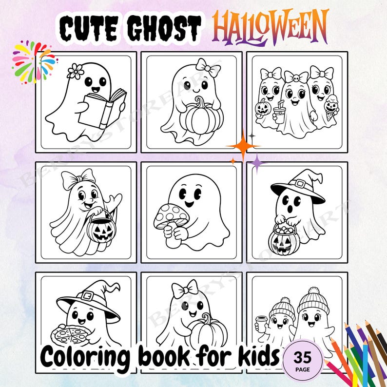 K&ouml;nnte beinhalten: Ein Schwarz-Wei&szlig;-Malbuch f&uuml;r Kinder mit dem Text "Cute Ghost Halloween". Das Buch zeigt neun quadratische Illustrationen von freundlichen Geistern mit Halloween-Themen. Das Buch hat 35 Seiten.