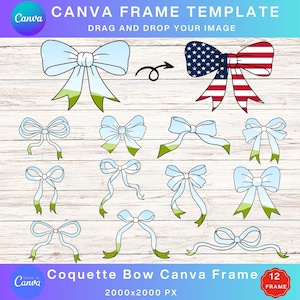 Coquette Bows Canva Editable Frame, Coquette Canva Templates Bundle, Ribbon Bow Canva Template, Drag and Drop Photo, Editable frame template