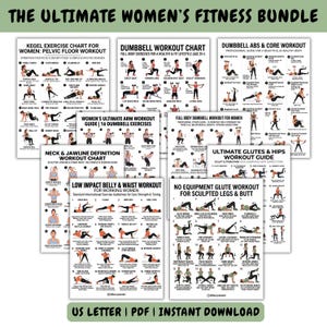 Könnte beinhalten: Eine Sammlung von Fitness-Charts mit dem Titel "THE ULTIMATE WOMEN'S FITNESS BUNDLE". Die Charts enthalten Trainingsanleitungen für Kegel-Übungen, Hanteltraining, Armtraining und Core-Übungen. Das Bundle enthält auch Anleitungen für Gesäß, Hüften und Low-Impact-Bauchmuskeltraining.