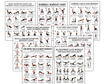 Könnte beinhalten: Eine Sammlung von Fitness-Charts mit dem Titel "THE ULTIMATE WOMEN'S FITNESS BUNDLE". Die Charts enthalten Trainingsanleitungen für Kegel-Übungen, Hanteltraining, Armtraining und Core-Übungen. Das Bundle enthält auch Anleitungen für Gesäß, Hüften und Low-Impact-Bauchmuskeltraining.
