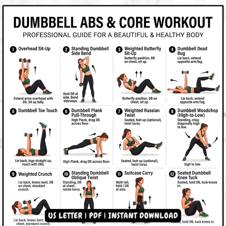 May include: A fitness guide titled "DUMBBELL ABS & CORE WORKOUT" with 12 exercises demonstrated. Each exercise is illustrated with a woman performing the exercise with dumbbells. Text at the bottom reads "US LETTER | PDF | INSTANT DOWNLOAD."