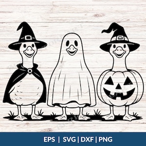 May include: A black and white digital illustration for Halloween, showing three ducks in costume. One is a witch, one a ghost, and the third a pumpkin. The image includes the text "EPS | SVG | DXF | PNG".
