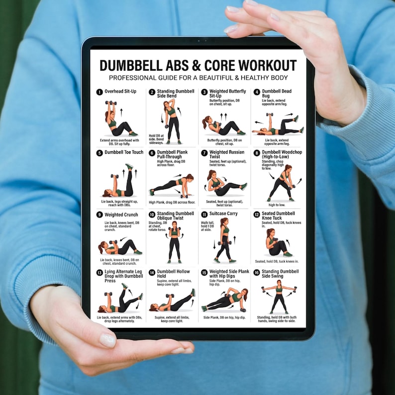 May include: A tablet shows a fitness guide: "DUMBBELL ABS & CORE WORKOUT." The guide illustrates exercises like Overhead Sit-Up, Dumbbell Dead Bug, and Weighted Crunch. The text is black on white, with a blue border. The guide is for a healthy body.