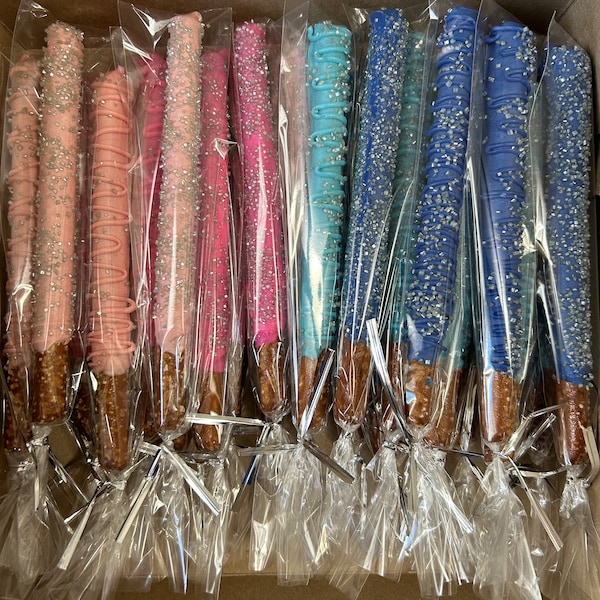 Chocolate Covered Pretzels. Party favors for: Birthday, Valentine’s Day, Baby Shower/Gender Reveal or Wedding/Shower.